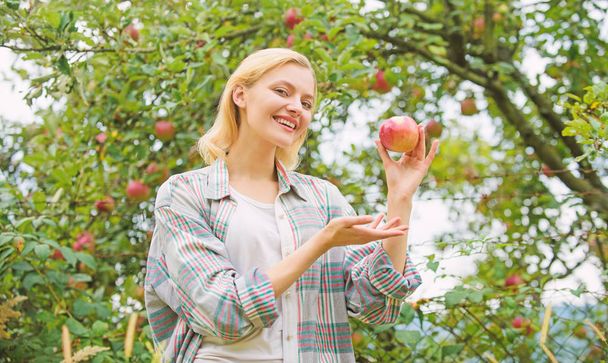 Gelukkig woman eten apple. boomgaard, tuinman meisje in appel tuin. vitamine en dieet eten. gezonde tanden. honger. lente-oogst. rijpe vruchten. rust en gezondheid. meisje in herfst tuin van appels - Foto, afbeelding