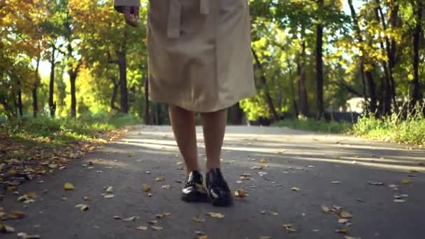 Nogi kobiety w modne czarne buty i płaszcz lub trencz chodzenie w jesiennym parku - Materiał filmowy, wideo