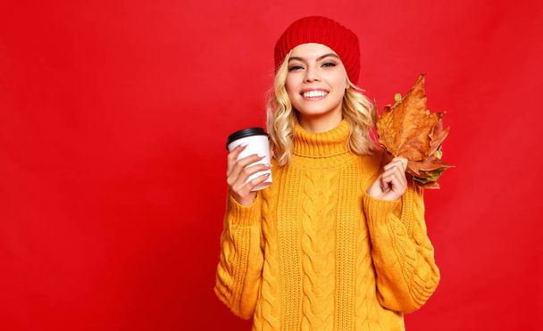 happy emotional cheerful girl laughing  with knitted autumn cap  - Photo, Image