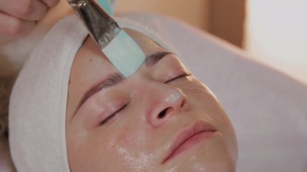 Esteticista profissional aplicando máscara com escovas no rosto da mulher
. - Filmagem, Vídeo