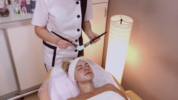 Profi kozmetikus a női arc kefével alkalmazva. - Felvétel, videó