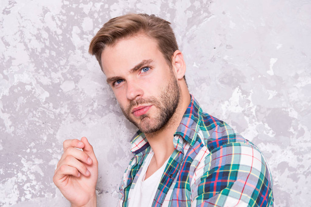Natural beauty. Beard grooming. Hairdresser salon. Barber concept. Caucasian male model with unshaven handsome face and stylish hairstyle. Casual and handsome. Skin care. Handsome man unshaven face - Foto, Bild