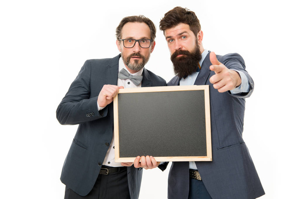 announcement. party invitation. partners celebrate start up business on white. businessmen use phone, copy space. bearded men hold advertisement blackboard. welcome on board. invitation concept - Φωτογραφία, εικόνα