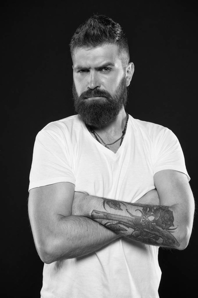Man handsome hipster stylish beard and mustache. Barber tips maintain beard. Styling and trimming beard care. Beauty and masculinity. Bearded confident hipster. Beard fashion and barber concept - Zdjęcie, obraz