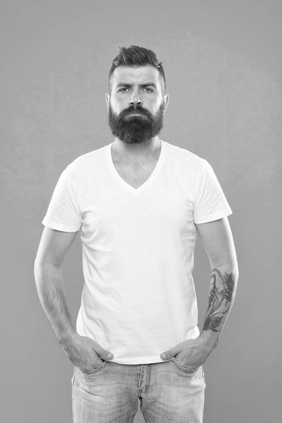 Masculine and brave. Beard fashion and barber concept. Man bearded hipster stylish beard turquoise background. Barber tips maintain beard. Stylish beard and mustache care. Hipster appearance - Photo, image