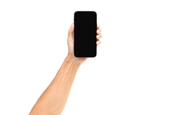 Man hand holding blank screen smartphone on white background. Cl - Fotó, kép