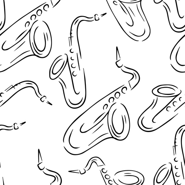 Brass Musical instruments seamless pattern. Line vector saxophones. - Vector, afbeelding