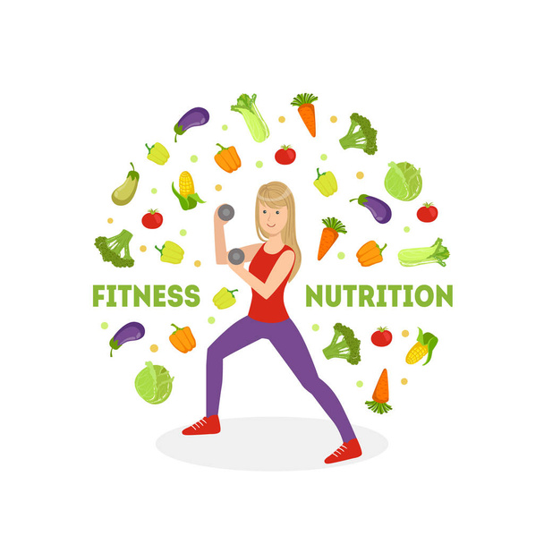 Banner nutrizionale per il fitness, Slim Girl che fa esercizi sportivi, Cibo sano, Stile di vita attivo, Illustrazione vettoriale della nutrizione alimentare
 - Vettoriali, immagini