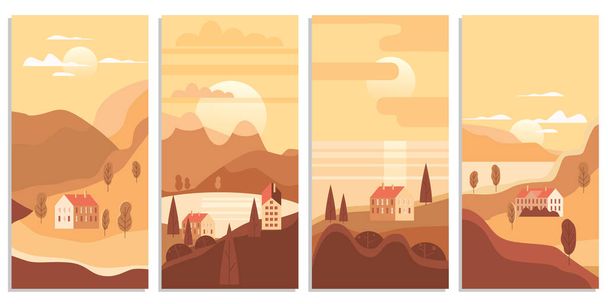 Autumn landscape sea ocean buildings, hills and trees mountains lake sun in trendy minimal geometric flat style. Vector, isolated vertical. Social media stories banner poster template - Vector, Image