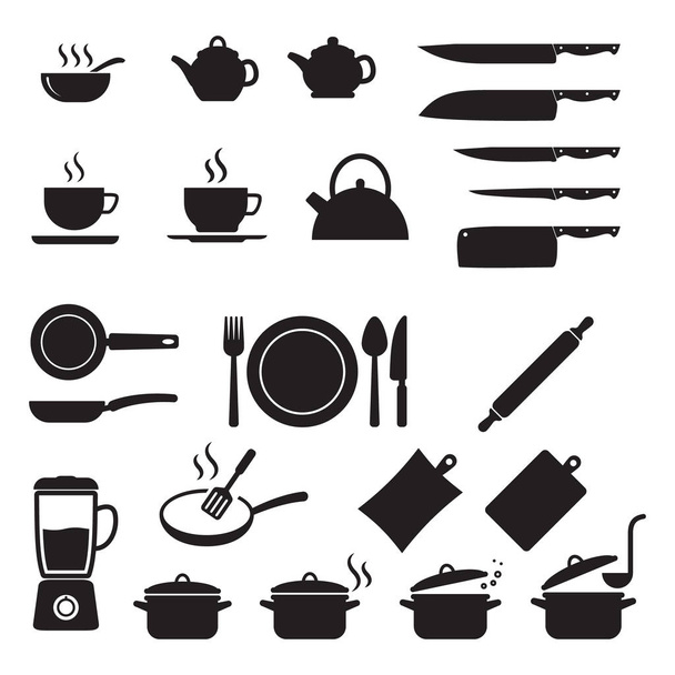 Főzési ikonok készlet, konyhai eszközök és szerszám ikon készlet - Vektor, kép