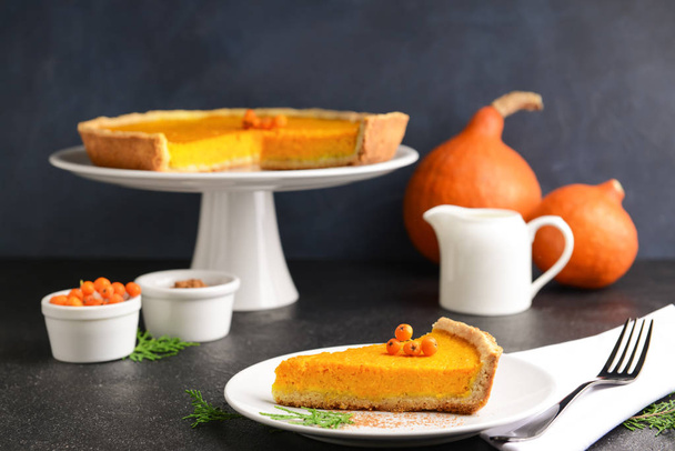 Composition with tasty pumpkin pie on table - Photo, Image