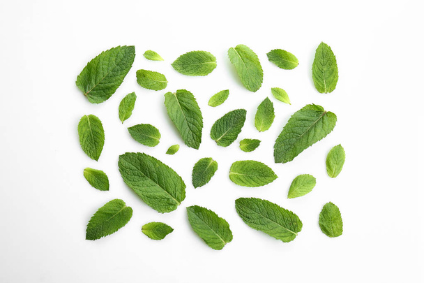 Свежие зеленые листья мяты на белом фоне - Фото, изображение