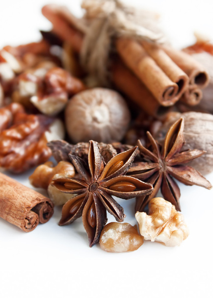 Anise with cinnamon,nutmeg and walnuts - Photo, Image