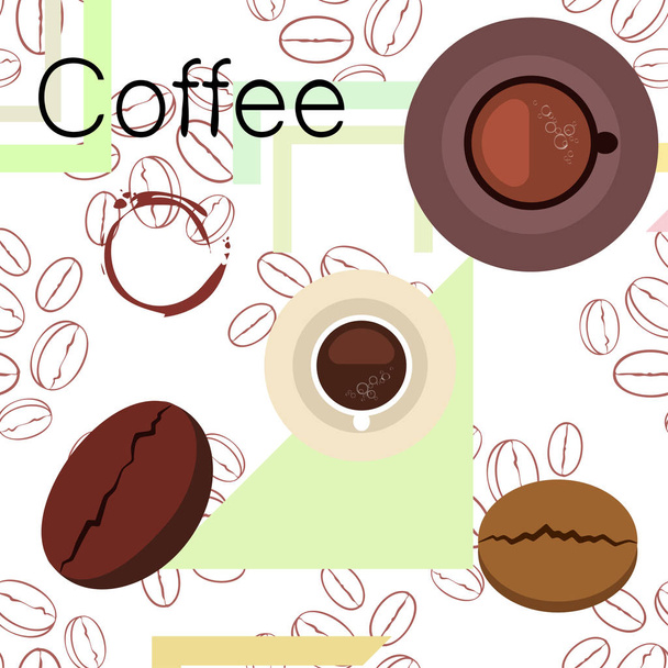 Taza de café, granos de café, concepto de desayuno. Menú de bebidas para restaurante, fondo vectorial
. - Vector, imagen