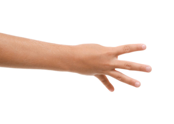 Mão da criança mostrando quatro dedos no fundo branco
 - Foto, Imagem