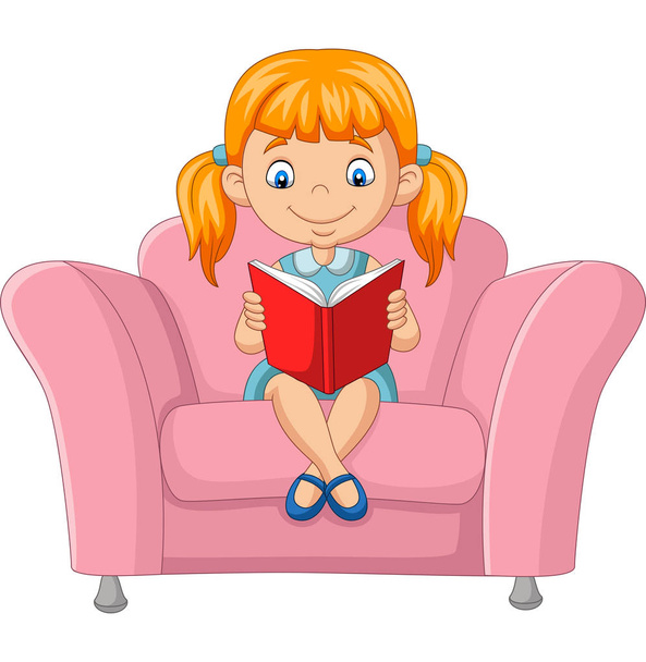 Illustrazione vettoriale della bambina dei cartoni animati che legge un libro seduto sul divano
 - Vettoriali, immagini