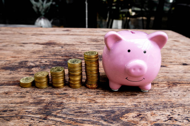 Roze Piggy Bank met gouden munten groei staafgrafiek, stap omhoog groeiend bedrijf naar succes en besparing voor pensioen concept - Foto, afbeelding
