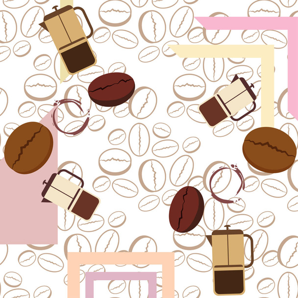 French press coffee, coffee beans, spilled coffee, vector illustration. Design elements for a cafe. Vector background. - Vecteur, image