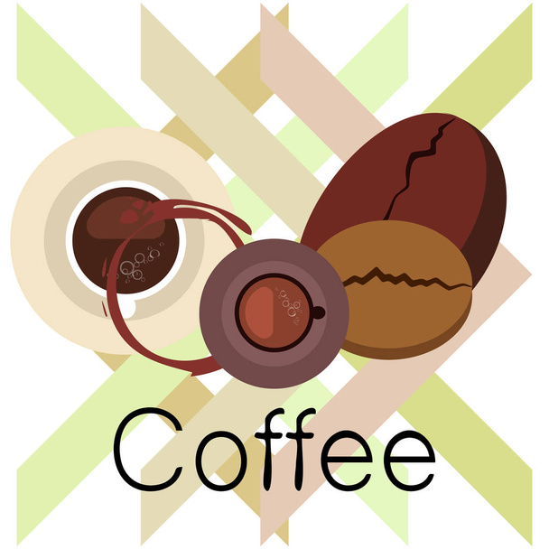 Kaffeetasse, Kaffeekörner, Frühstückskonzept. Getränkekarte für Restaurant, Vektorhintergrund. - Vektor, Bild