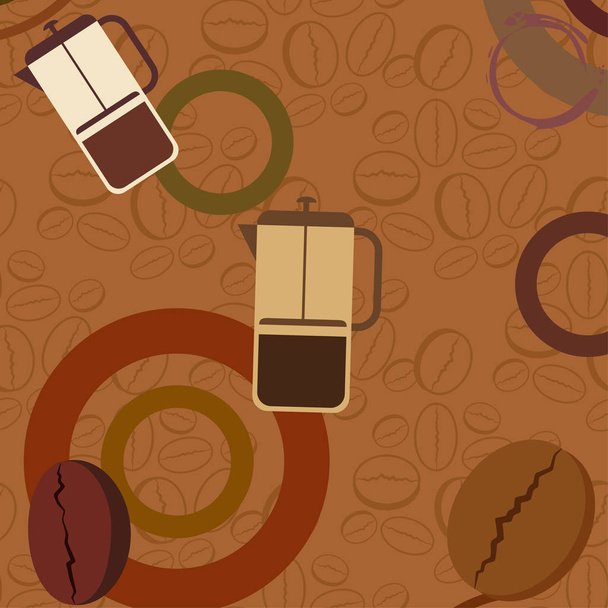 French press coffee, coffee beans, spilled coffee, vector illustration. Design elements for a cafe. Vector background. - Vector, Imagen