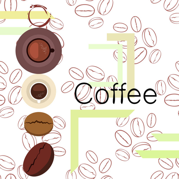 コーヒーカップ、コーヒー粒、朝食のコンセプト。レストランのドリンクメニュー、ベクトル背景. - ベクター画像