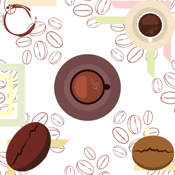 Coffee cup, coffee grains, breakfast concept. Drinks menu for restaurant, vector background. - Vector, Imagen