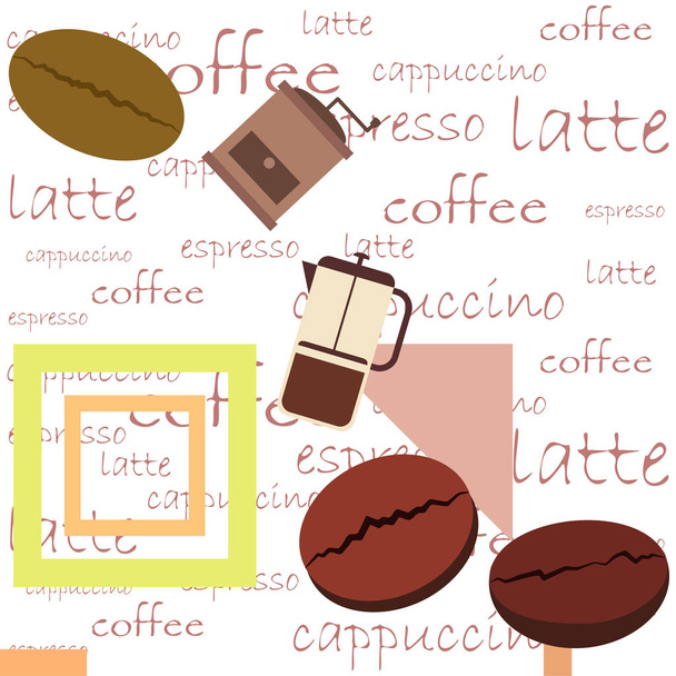 French press coffee, coffee beans, spilled coffee, vector illustration. Design elements for a cafe. Vector background. - Vector, afbeelding