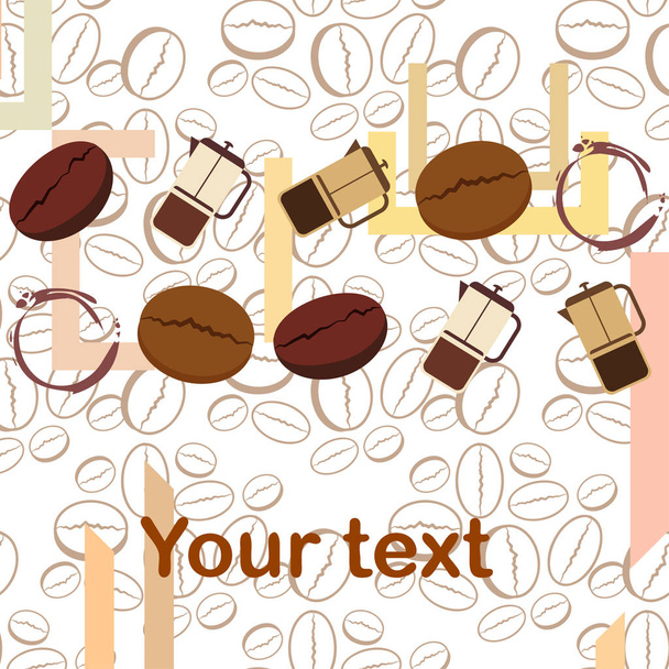 French press coffee, coffee beans, spilled coffee, vector illustration. Design elements for a cafe. Vector background. - Vector, Image