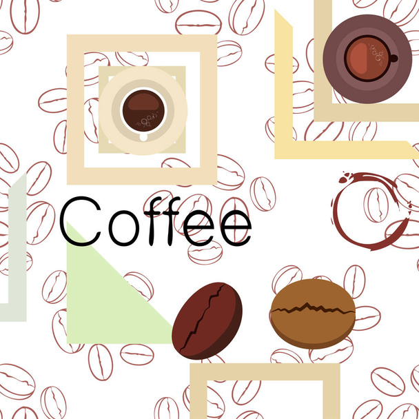 コーヒーカップ、コーヒー粒、朝食のコンセプト。レストランのドリンクメニュー、ベクトル背景. - ベクター画像