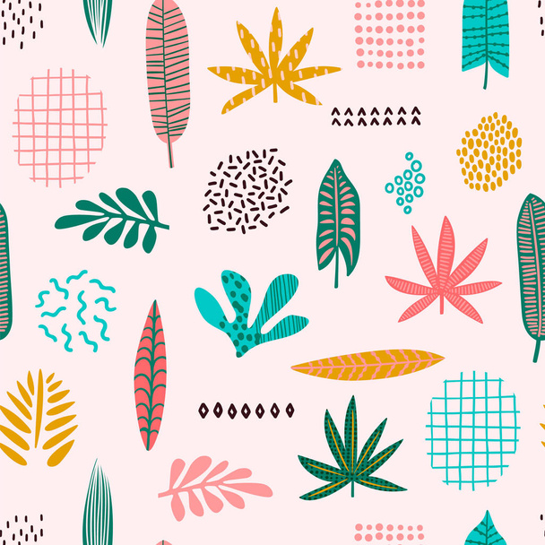 Abstract seamless pattern with tropical leaves. Hand draw texture. Vector - Вектор,изображение