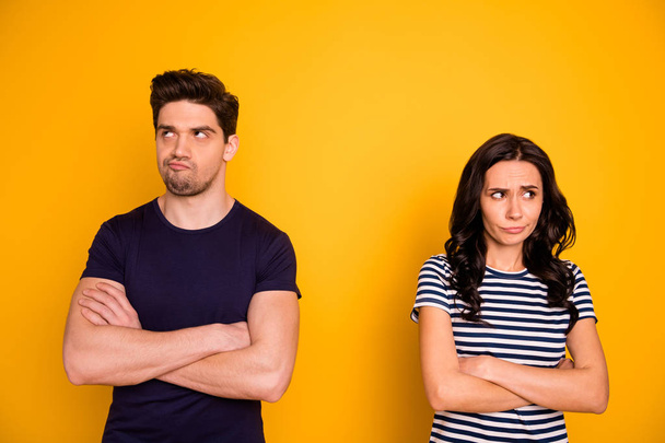 Portrait of his he her she nice attractive lovely offended angry sullen moody gloomy grumpy people thinking of divorce life crisis scolding pause isolated over bright vivid shine yellow background - Fotoğraf, Görsel
