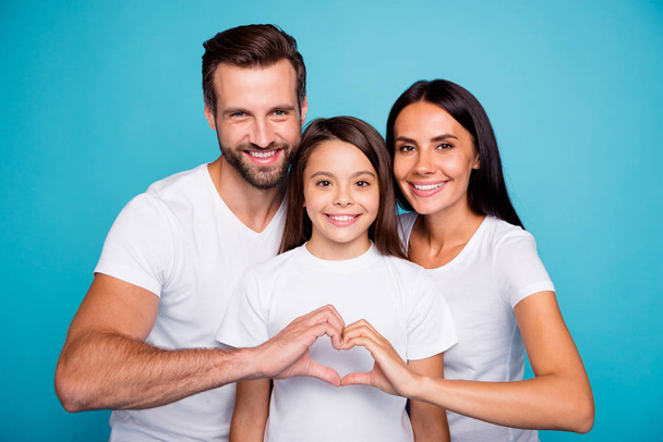 Photo of adopted family taking care of little daughter show heart figure wear casual outfit isolated blue background - Photo, Image