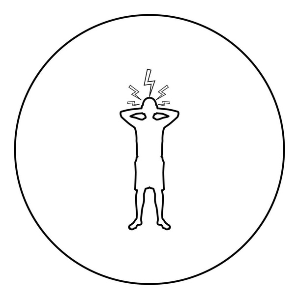 Ember kezében kéz mellett fej villám Thunderbolt koncepció baj probléma emberek sziluettje ikon körbe kerek körvonal fekete színű vektor illusztráció lakás stílusú kép - Vektor, kép
