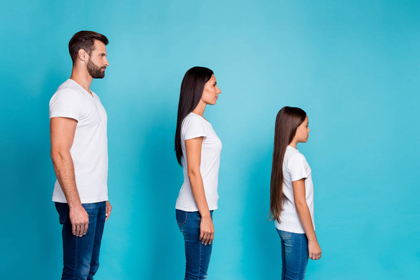 Profile side photo of man woman and schoolkid looking wearing white t-shirt denim jeans standing isolated over background - Foto, afbeelding