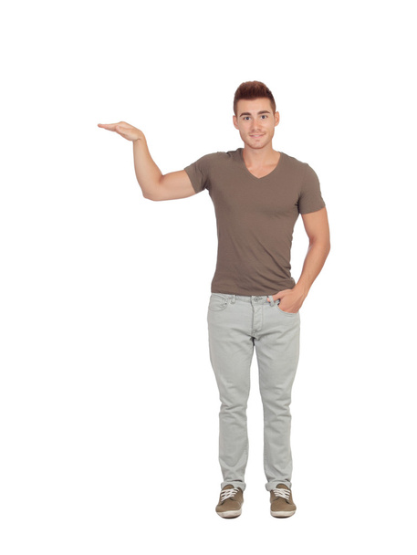 Happy guy showing the height of something with his hand - Photo, Image