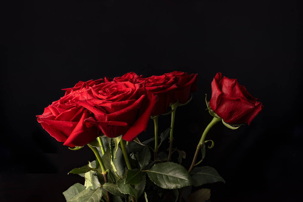Pequeñas gotas sutiles de agua en un ramo de rosas rojas con verde
 - Foto, imagen