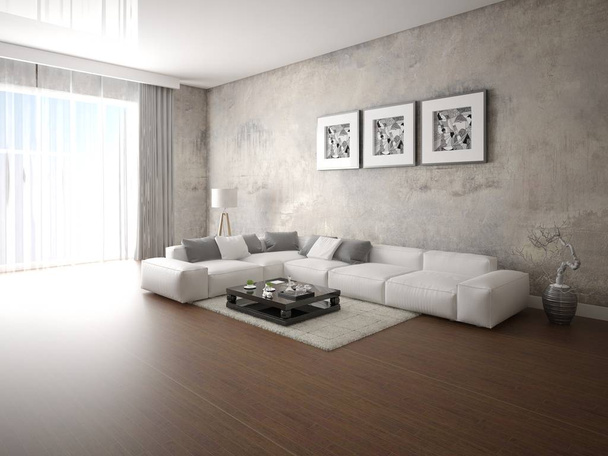 Mock up the original living room with a large corner sofa and a stylish hipster background. - Photo, Image