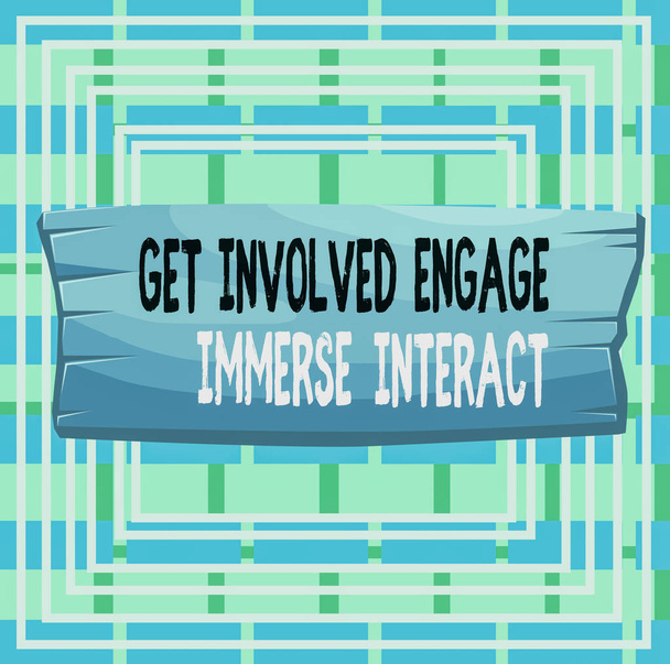 Text sign showing Get Involved Engage Immerse Interact. Conceptual photo Join Connect Participate in the project Plank wooden board blank rectangle shaped wood attached color background. - Photo, Image