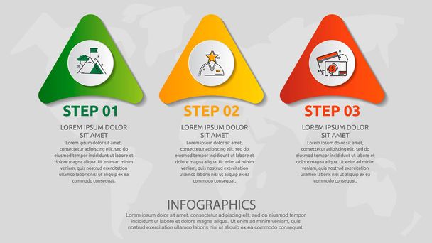 Vector infographic template with triangles and three circles. Business geometric concept with 3 options, parts, steps. Used as timeline, workflow, presentation, diagram, flyers, banner, chart - Vector, Image