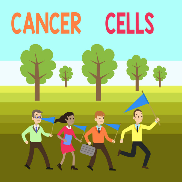 Word writing text Cancer Cells. Business concept for forming solid tumors or flooding the blood with abnormal cells People Crowd Flags Pennants Headed by Leader Running Demonstration Meeting. - Photo, Image