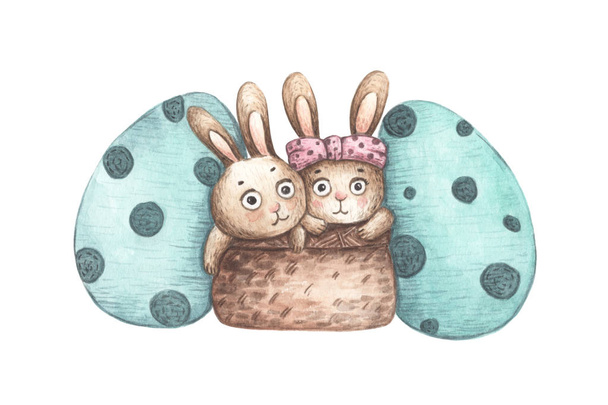 Conigli in cesto con uova di Pasqua isolate su fondo bianco. Illustrazione ad acquerello
.  - Foto, immagini