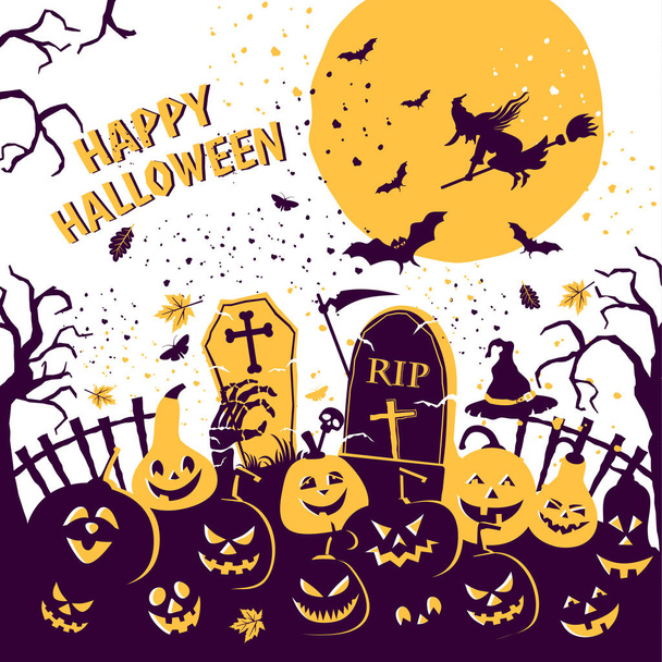 Invitation de fête d'Halloween avec des citrouilles effrayantes et une sorcière de pleine lune
 - Vecteur, image