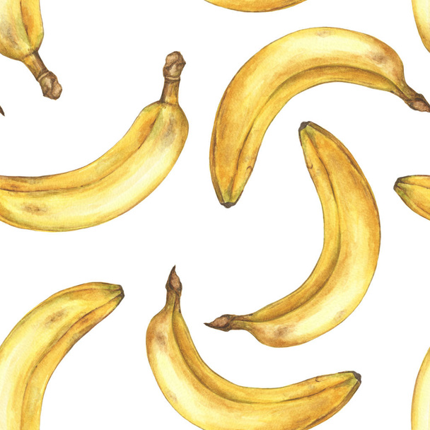 Ακουαρέλα χωρίς ραφές με μπανάνες. Ζωγραφισμένα στο χέρι τροπικά φρούτα σε λευκό φόντο. - Φωτογραφία, εικόνα