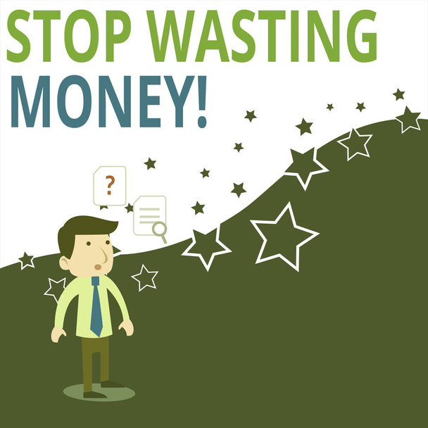 Stop Israf Para gösteren kavramsal el yazısı. Tasarruf başlatmak ve akıllıca Genç Erkek İşadamı İşçi Arama Sorunu Çözümü kullanmak için advicing gösteren veya grup vitrine İş fotoğrafı - Fotoğraf, Görsel