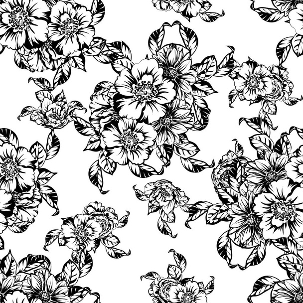 Seamless monochrome vintage style flowers pattern - Vecteur, image
