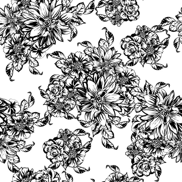 Seamless monochrome vintage style flowers pattern - Vector, Image