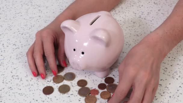 Vrouw zet munten in spaarpot bovenaanzicht - Video