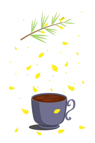 Rooibos tea. Hot herbal traditional drink of red color in a gray cup on top of a rooibos plant and crumbling yellow petals. Isolated on a white background flat. For the menu and cafe. - Vector, Image