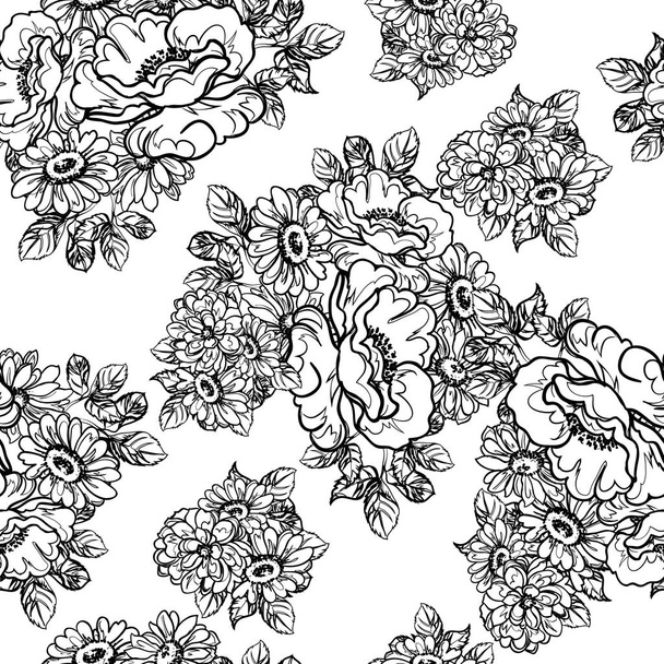 Seamless monochrome vintage style flowers pattern - Vetor, Imagem