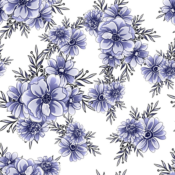 Seamless blue monochrome vintage style flowers pattern - Vector, imagen